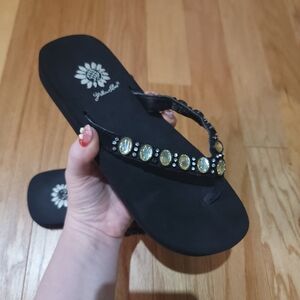 Yellow Box Black Sandals with Gold Accents